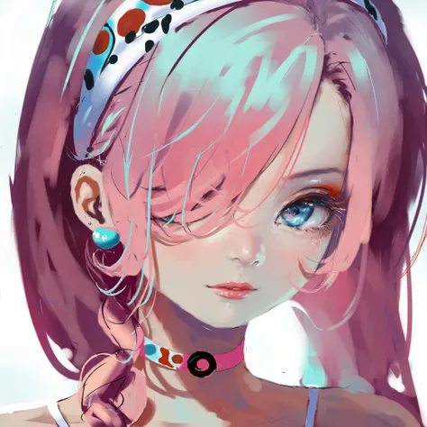 by wlop, best quality, masterpiece, blue poison \(arknights\), blue poison \(shoal beat\) \(arknights\), 1girl, solo, blue eyes, pink hair, choker, portrait, white background, pink choker, hairband, earrings, jewelry, looking at viewer, simple background, long hair, official alternate costume, hair over one eye, braid, bangs, o-ring choker