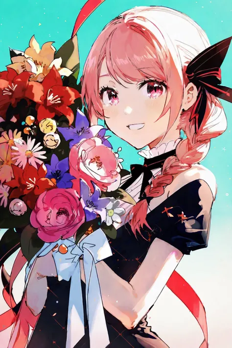by chi4, best quality, masterpiece, detailed, aesthetic, 1girl, virtual youtuber, bouquet, solo, flower, braid, looking at viewer, holding bouquet, dress, long hair, short sleeves, holding, smile, pink hair, upper body, red flower, black dress, multicolored eyes, bangs