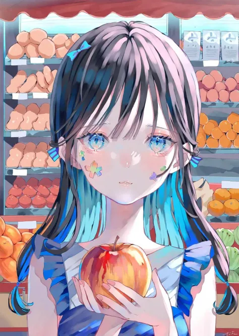 (by poire)
1girl in a lively marketplace. She explores colorful stalls filled with exotic fruits, her eyes wide with curiosity. A gentle breeze ruffles her hair as she samples a piece of fruit, her expression a mix of delight and wonder
best quality, masterpiece,