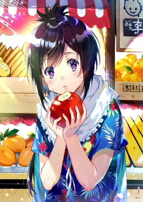 (by ekita kuro)
1girl in a lively marketplace. She explores colorful stalls filled with exotic fruits, her eyes wide with curiosity. A gentle breeze ruffles her hair as she samples a piece of fruit, her expression a mix of delight and wonder
best quality, masterpiece,