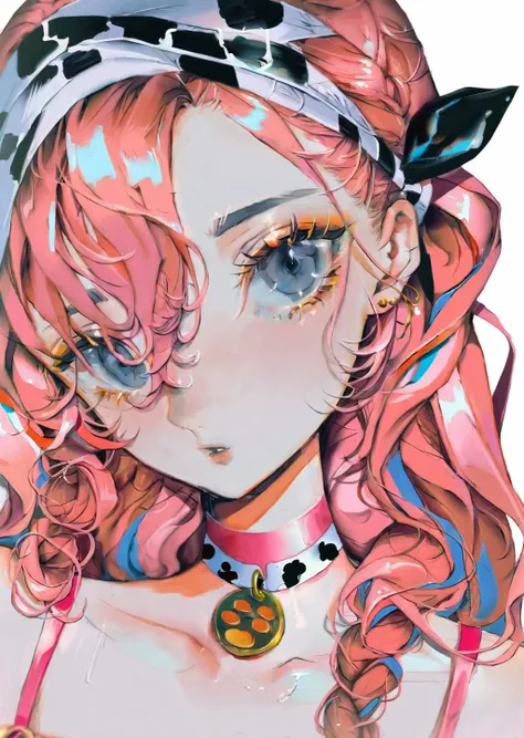 by yogisya,
blue poison \(arknights\), blue poison \(shoal beat\) \(arknights\), 1girl, solo, blue eyes, pink hair, choker, portrait, white background, pink choker, hairband, earrings, jewelry, looking at viewer, simple background, long hair, official alternate costume, hair over one eye, braid, bangs, o-ring choker
best quality, masterpiece,