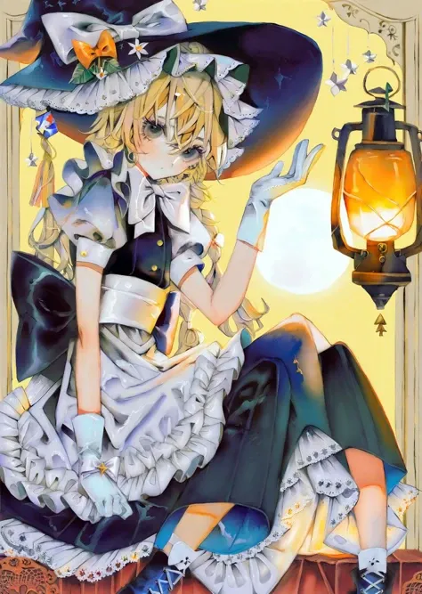 by yogisya,
(Kirisame Marisa(touhou):1.1),1girl, solo, hat, long hair, blonde hair, witch hat, braid, yellow eyes, apron, short sleeves, skirt, waist apron, looking at viewer, puffy sleeves, vest, sitting, hat bow, black skirt, puffy short sleeves, single braid, blush, bow, white bow, star \(symbol\), hand between legs, shirt, between legs, white shirt, lantern, black headwear, hair between eyes, wariza, gloves, black vest, side braid, bangs, skirt set, white apron, hand on headwear, closed mouth, white gloves, arm up, seiza
best quality, masterpiece,