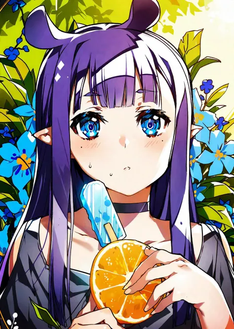 ninomae ina'nis, 1girl, virtual youtuber, popsicle, food, long hair, pointy ears, solo, sidelocks, mole under eye, bangs, purple hair, tentacle hair, multicolored hair, orange hair, gradient hair, blunt bangs, flower, mole, looking at viewer, blue flower, blue eyes, holding, very long hair, holding food, blush, eating, upper body, choker, animal ears
by sushi0831