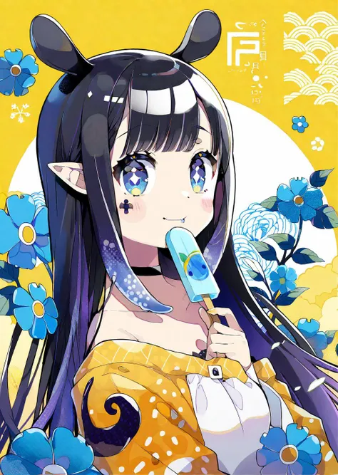 ninomae ina'nis, 1girl, virtual youtuber, popsicle, food, long hair, pointy ears, solo, sidelocks, mole under eye, bangs, purple hair, tentacle hair, multicolored hair, orange hair, gradient hair, blunt bangs, flower, mole, looking at viewer, blue flower, blue eyes, holding, very long hair, holding food, blush, eating, upper body, choker, animal ears
by chon