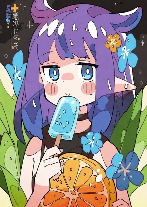 ninomae ina'nis, 1girl, virtual youtuber, popsicle, food, long hair, pointy ears, solo, sidelocks, mole under eye, bangs, purple hair, tentacle hair, multicolored hair, orange hair, gradient hair, blunt bangs, flower, mole, looking at viewer, blue flower, blue eyes, holding, very long hair, holding food, blush, eating, upper body, choker, animal ears
by haru,