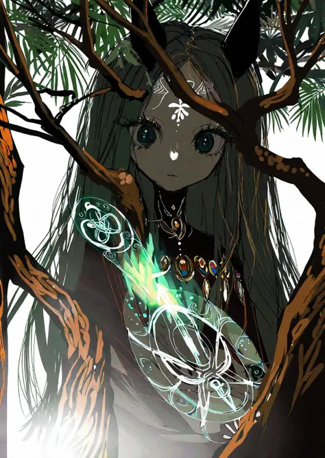 by narue 
1 girl,  beautiful face
1 female druid healing animals in forest. glowing particles, celtic knot, mythical
hair bobbles,
best quality,  flat color,
 [(details:1.2): [ (many small details:1.3) : [ (many ultrasmall details: 1.2):(very detailed ultrasmall edges and microrelief:1.5):0.7 ]: 0.4 ] :0.2]