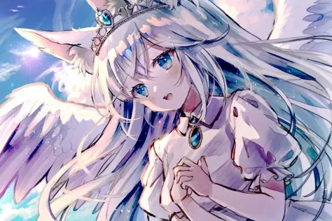 best quality, masterpiece, aesthetic, by iromishiro, by freng, 1girl, solo, blue eyes, white dress, tiara, white hair, bangs, long hair, angel wings, feathered wings, puffy short sleeves, fox ears, open mouth, upper body, blue sky
