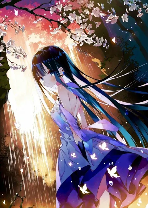 by umaiyo puyoman , by wanke, by ajimita,
1girl
extremely beautiful detailed piercing eyes,
a girl immersed in a magical garden at twilight. She stands beside a luminous waterfall, cherry blossoms gently falling around her. The soft glow of fireflies and the distant twinkle of stars add an enchanting ambiance to this serene and otherworldly scene
masterpiece, best quality, high quality, highres, absurdres, very detailed, high resolution, sharp, sharp image, 8k, vivid, colorful, stunning, anime