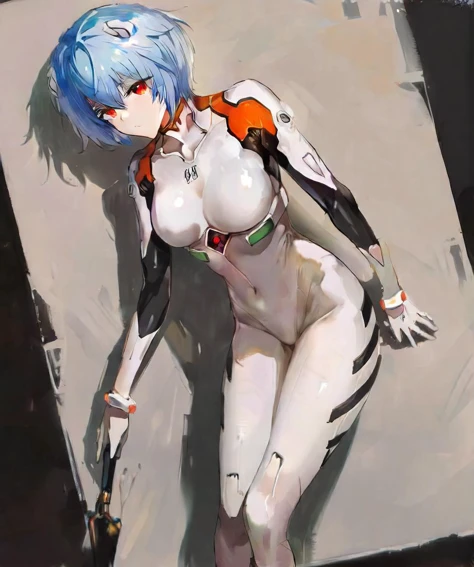 masterpiece, best quality, 1girl, ayanami rei, white suit, key visual, award-winning, (solo:1.2), illustration by agm, full body, narrow waist, medium breasts, shoulders, hips, navel, latex bodysuit, alluring thighs, from side, thick ass, bent over, leaning forward, arched back, looking to side at viewer, wallpaper, official art, shaded face, intense glowing red eyes, beautiful toned legs, evocative digital art, sketch, painting \(medium\), simple background, 1990s_\(style\) anime aesthetic, <lora:AyanamiRei:0.8> , Plugsuite, short blue hair, headgear, silhouette, <lora:ThickBrush:0.5> , tb