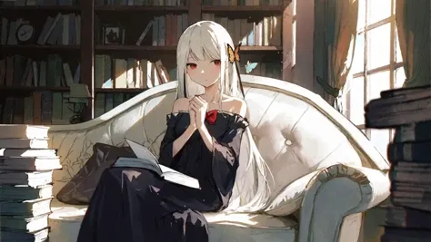 masterpiece, best quality, highly detailed,front pov,
by dino|by hizumi,by solipsist,
(1girl),(solo), long hair, very long hair,white hair,bangs, red eyes, pale skin,sitting, wide sleeves, long sleeves, black dress,barefoot,indoors, couch, book, book stack, bow, red bow, hair ornament,butterfly,absurdly long hair, curtains, holding, bare shoulders,closed mouth,