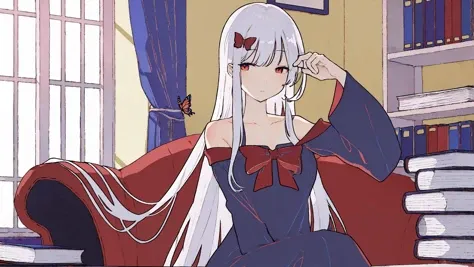 masterpiece, best quality, highly detailed,front pov,
by hizumi,by chi4,by solipsist,
(1girl),(solo), long hair, very long hair,white hair,bangs, red eyes, pale skin,sitting, wide sleeves, long sleeves, black dress,barefoot,indoors, couch, book, book stack, bow, red bow, hair ornament,butterfly,absurdly long hair, curtains, holding, bare shoulders,closed mouth,