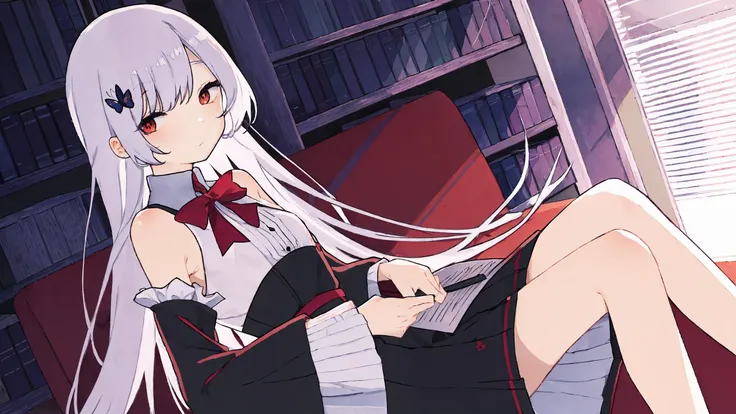 masterpiece, best quality, highly detailed,front pov,
[[by hizumi]],by chi4,by solipsist, 
(1girl),(solo), long hair, very long hair,white hair,bangs, red eyes, pale skin,sitting, wide sleeves, long sleeves, black dress,barefoot,indoors, couch, book, book stack, bow, red bow,  hair ornament,butterfly,absurdly long hair, curtains, holding, bare shoulders,closed mouth,