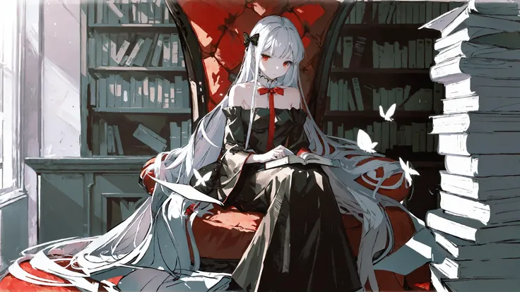 masterpiece, best quality, highly detailed,
by dino,[by solipsist],by chi4,
(1girl),(solo), long hair, very long hair,white hair,bangs, red eyes, pale skin,sitting, wide sleeves, long sleeves, black dress,barefoot,indoors, couch, book, book stack, bow, red bow,  hair ornament,butterfly,absurdly long hair, curtains, holding, bare shoulders,closed mouth,