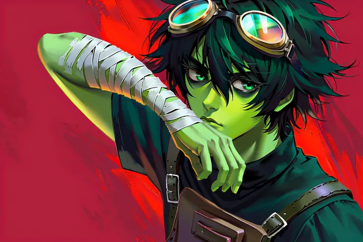 (masterpiece, best_quality:1.2), by nixeu, 1boy, male focus, solo, disgust, black hair, messy hair, short hair, green eyes, zombie, green skin, black shirt, short sleeves, bandaged arm, goggles on head, portrait, red background, impasto, realistic