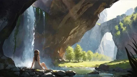 masterpiece, best quality, highly detailed,focus on girl,
by dino,by chi4,by solipsist, by sho,
(1girl),(solo),long hair, (detailed and beautiful face),(detailed eyes),white dress, barefoot, hair ornament, sitting,  hair between eyes, sleeveless dress, bare shoulders, sleeveless, sundress, full body, bangs,bare arms, vines, facing viewer, very long hair, 
scenery, outdoors, day, waterfall, sky, water, tree, nature, cloud, mountain, rock, landscape, grass, river, blue sky, forest, cliff, dutch angle, traditional media, sunlight,cave,
cinematic angle,vanishing point,panorama, 