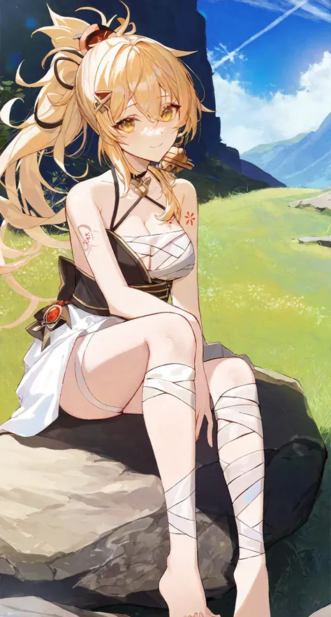 (1girl:1.1),anime,(masterpiece,best quality,extremely detailed CG wallpaper),solo,by kuroduki\(style)\,smile,<lora:xiaogongx_xl:0.7>,(\xiao gong\),blonde hair,ponytail,hair ornament,yellow eyes,bandages,arm tattoo,bandaged leg,white dress,bare shoulders,sitting on rock,field,close-up,(foot focus:1.1),(no shoes),barefoot,blue sky,feet up,looking at viewer,medium_shot,full_shot,