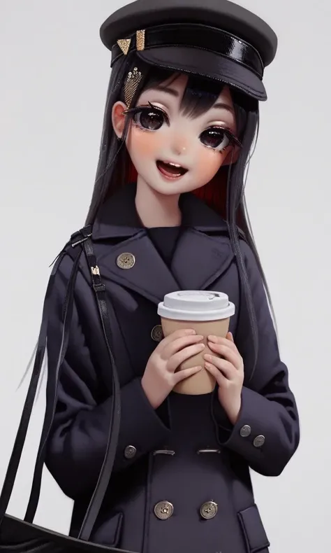 by by fizrot, 1girl, solo, black hair, cup, looking at viewer, holding, long hair, hat, white background, smile, bag, disposable cup, simple background, black headwear, holding cup, blush, coffee cup, black eyes, open mouth, coat, long sleeves, upper body, buttons, bangs, grey eyes, black coat, parted bangs, shoulder bag