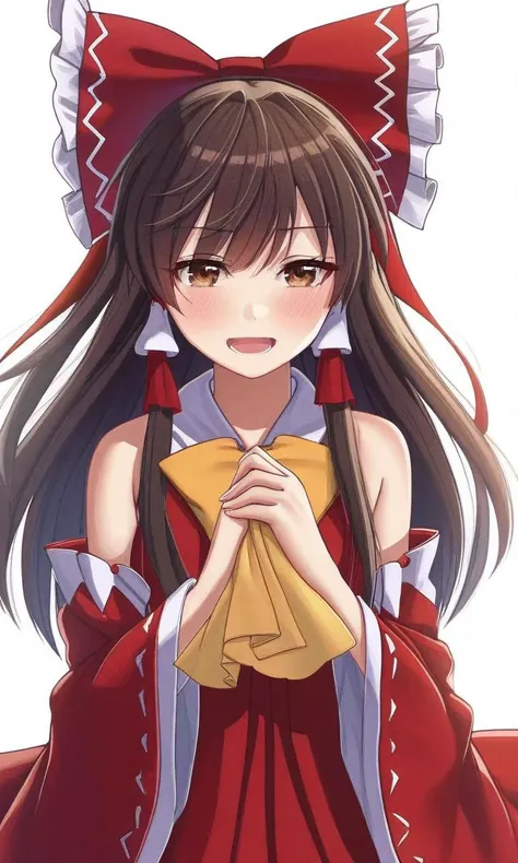 by firstsan vicz, hakurei reimu, touhou, 1girl, solo, brown hair, white background, simple background, brown eyes, bow, hair tubes, ascot, detached sleeves, long hair, red bow, yellow ascot, blush, hair bow, looking at viewer, upper body, open mouth, bangs, wide sleeves, frills, ribbon trim, ribbon-trimmed sleeves, long sleeves, bare shoulders, red skirt, skirt