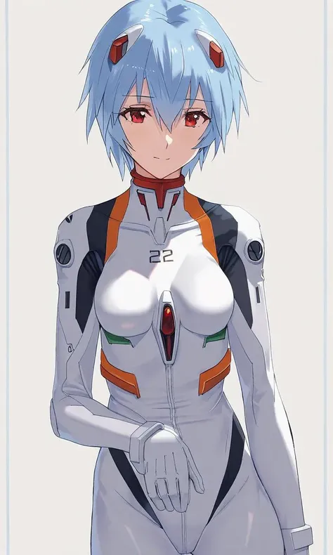 by nablack, ayanami rei, neon genesis evangelion, 1girl, solo, plugsuit, blue hair, red eyes, short hair, white bodysuit, white background, bodysuit, looking at viewer, upper body, simple background, hair between eyes, breasts, interface headset, closed mouth, bangs, sketch, hair ornament, medium breasts, small breasts