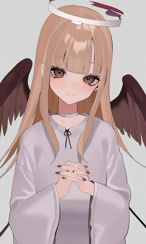 by bebefate, 1girl, angel and devil, angel wings, blunt bangs, blunt ends, brown eyes, brown hair, closed mouth, demon wings, dual persona, duel monster, feathered wings, heart, long hair, long sleeves, looking at viewer, noniha, own hands together, polar opposites, shirt, smile, solo, split theme, upper body, white shirt, wide sleeves, wings