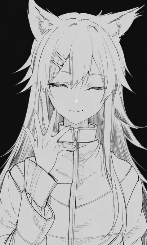 by sakenomihiyoko, 1girl, solo, animal ears, long hair, monochrome, smile, hair ornament, hairclip, closed eyes, upper body, black background, greyscale, jacket, long sleeves, scar across eye, wolf ears, facing viewer, scar, simple background, closed mouth, high collar, hand up, very long hair