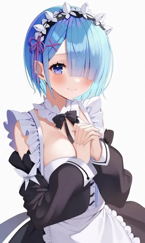 1girl,solo,rem (re:zero),blue hair,x hair ornament,short hair,hair ornament,blue eyes,maid,looking at viewer,ribbon,maid headdress,long sleeves,dress,roswaal mansion maid uniform,smile,hair ribbon,breasts,puffy sleeves,frills,apron,bangs,closed mouth,black ribbon,pink ribbon,blush,medium breasts,black dress,juliet sleeves,flower,hair between eyes,red ribbon,waist apron,traditional media, giving middle finger