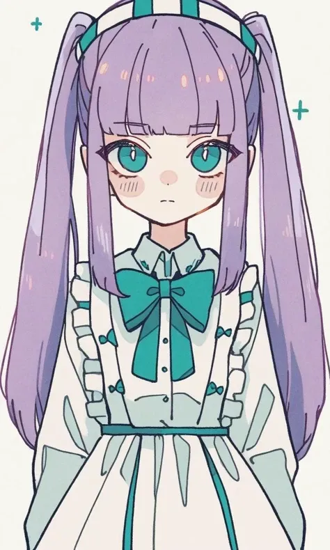 best quality, aesthetic, detailed, by tsvbvra, 1girl, aqua eyes, blunt bangs, blush, bow, bowtie, cure noble, dress, drill hair, headgear, long hair, purple hair, simple background, solo, upper body, white dress