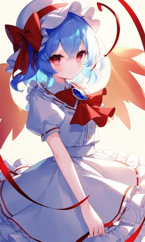 by myc0t0xin, remilia scarlet, touhou, 1girl, ascot, blue brooch, blue hair, bow, brooch, closed mouth, collar, collared shirt, cowboy shot, dated, frilled collar, frilled skirt, frilled sleeves, frills, hair ribbon, hat, jewelry, light blue hair, medium hair, mob cap, puffy short sleeves, puffy sleeves, red ascot, red bow, red eyes, red ribbon, ribbon, ribbon-trimmed skirt, ribbon trim, shirt, short sleeves, skirt, solo, white headwear, white shirt, white skirt, wings