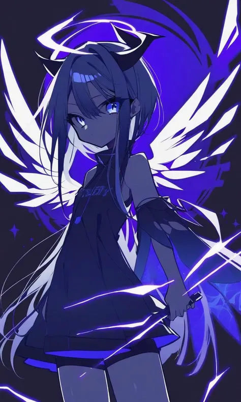 by mochizukikei, 1girl, horns, glowing blue wings, solo, wings, digital