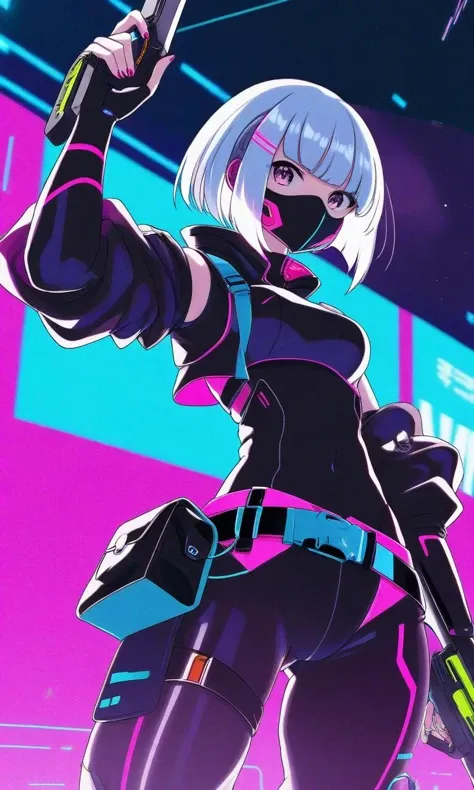 by siokazunoko, lucy (cyberpunk), cyberpunk (series), 1girl, arm up, asymmetrical hair, belt, bodysuit, covered mouth, covered navel, detached sleeves, grey eyes, hip vent, holding, holding weapon, looking at viewer, night, night sky, pouch, short hair, sky, solo, weapon, white hair, wire