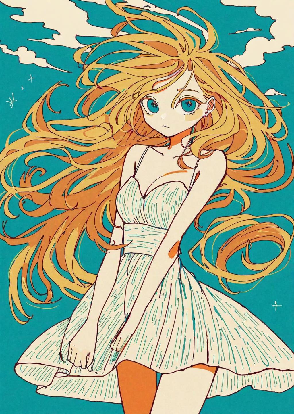 A drawing of a girl with long blonde hair and blue eyes - SeaArt AI