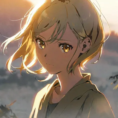 best quality, masterpiece, by yoneyama mai, a girl with delicat golden eyes very delicate face,  short hair, floating hair,  beautiful light and shadow, looking at view, front view, morning light, dusk morning, closed mouth, cowboy shot, beautiful color, foggy, depth of field