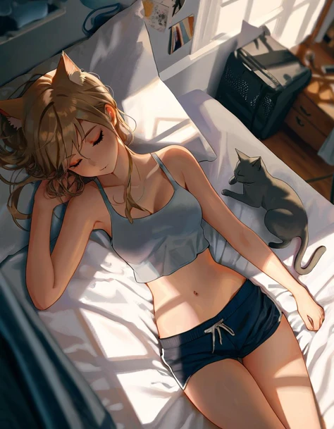best quality, ultra high resolution, perfect anatomy, 11 year old girl, petite, flat chest, white panties, blonde, sitting on bed, holding a white cat, morning, sunlight