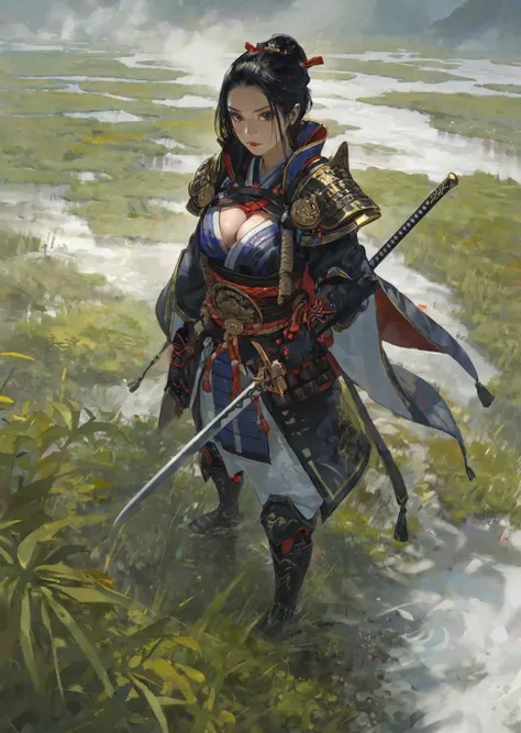 ,by fuenze,by rella,
1girl, cleavage, perspective from above
detailed face, beautiful japanese woman in fantasy samurai armor,
trudging through misty swamp in middle of multiple army battlefield,
marshlands, foggy, cloudy, wearing surcoat with family arms embroidered on it,
many samurai fighting in background,
masterpiece, best quality, high quality,
vivid, dramatic lighting, shadows