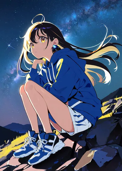 by yoneyama mai ,
by antifreeze3,
1girl, solo, gouache, starry sky, mountain, long hair, hoodie, shorts, sneakers, yellow eyes, tsurime, sitting on a rock,
stargazing, milky way, shooting star, tranquil night., illustration, disheveled hair, detailed eyes, perfect composition, moist skin, intricate details, earrings,
masterpiece, best quality, high quality,