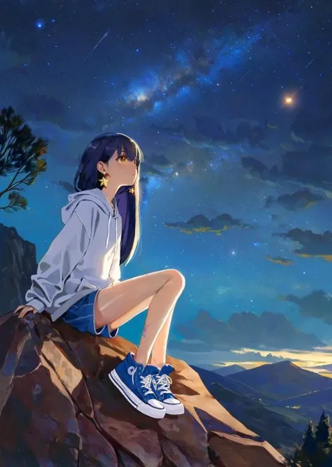 ,by fuenze,, by yogisya
1girl, solo, gouache, starry sky, mountain, long hair, hoodie, shorts, sneakers, yellow eyes, tsurime, sitting on a rock,
stargazing, milky way, shooting star, tranquil night., illustration, disheveled hair, detailed eyes, perfect composition, moist skin, intricate details, earrings,
masterpiece, best quality, high quality,