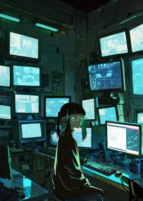 by tsubonari, by demizu posuka by oda non
1girl
glasses
bangs, 
  watching monitors, multiple multiple monitors, hologram, messy room, shadow, dim light, dark room. messy, detailed background, science fiction, cyberpunk retro dystopian futuristic
