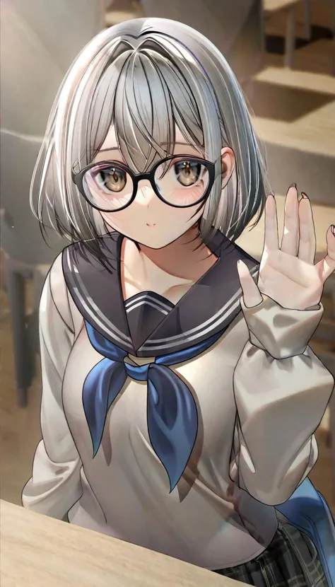 by 7thknights, 1girl, animal, brown eyes, brown neckerchief, closed mouth, glasses, grey hair, grey sailor collar, grey shirt, hair between eyes, hand up, long sleeves, looking at viewer, motion blur, neckerchief, puffy long sleeves, puffy sleeves, round eyewear, sailor collar, school uniform, serafuku, shirt, sleeves past wrists, solo, upper body
