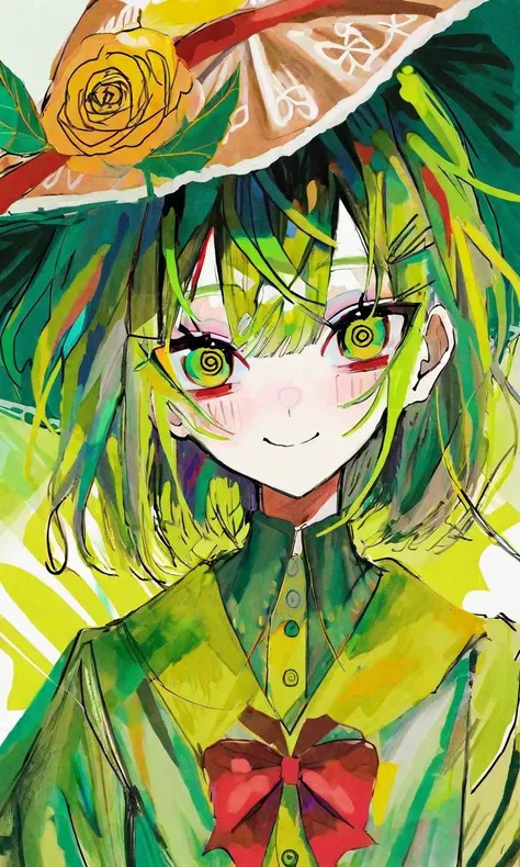 by ziyun, 1girl, bow, buttons, diamond button, flower, frills, green eyes, green hair, green theme, hat, hat bow, head tilt, looking at viewer, rose, shaded face, shirt, smile, solo, third eye, yellow bow, yellow shirt