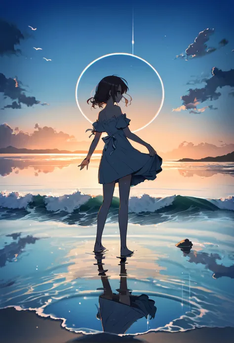 <lora:DarkestDungeonSDXL:0.3> ddstyle <lora:add-detail-xl:3> Anime art Style Illustration Description: A girl stands on the surface of the sea, with the blue sky reflected above. The calm waves encircle her, and her silhouette shines against the mirrored sky. This serene scene highlights her connection to nature and the harmonious relationship between the sky and the sea. It evokes a feeling of peace and awe, encouraging viewers to appreciate the natural world's beauty.Illustration Description: A girl stands gracefully on the surface of the sea, where the reflection of the blue sky appears on the water. Calm waves gently surround her, emphasizing her peaceful presence. Her silhouette stands out against the mirrored sky, signifying her connection with nature. This tranquil scene symbolizes the harmonious blend of the sky and sea, inspiring a sense of tranquility and awe.Illustration Description: In the illustration, a girl stands gracefully on the sea, with the water reflecting the blue sky above. Surrounding her are tranquil waves, creating a sense of serenity. Her silhouette stands out against the mirrored sky, symbolizing her deep connection with nature. This scene beautifully captures the harmonious relationship between the sky and sea, evoking feelings of peace and awe.