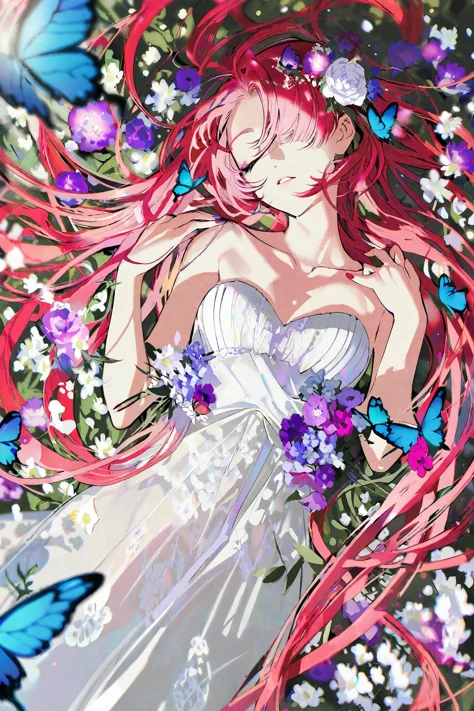 best quality, high quality, masterpiece, detailed, colorful,
break
by yoneyama mai,
break
1girl, solo, sleeping, peaceful, pale skin, parted lips, detailed multicolored eyes, pink eyes, one eye covered, flowers over eyes, eyelashes, detailed long hair, pink hair, red hair, floating hair, multicolored hair, transparent, hair flowers, hair ornament, bangs, breasts, white dress, Open back wedding dress, strapless, bare shoulders, fingernails, nail polish, perfect hands, good hands,
break
butterfly, bug, blue butterfly, blue flowers, red flowers, purple flowers, petals, green carpet,
break
depth of field, bokeh, <lora:add-detail-xl:1>,