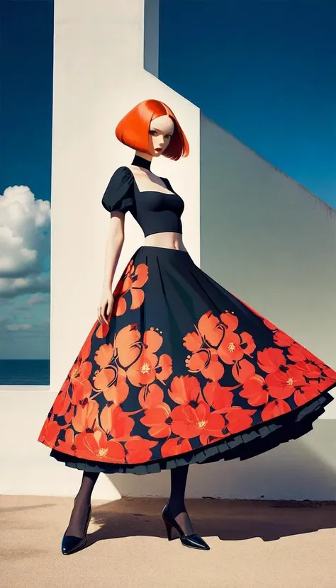 Professional fashion photography, innovative fashion design, aesthetic value, hyper-realistic textures, cinematic composition, (Full-body portrait), best quality, high quality, masterpiece, 8K, UHD, extremely detailed, 
break
a beautiful women, solo, super model, perfect, luscious, modeling pose, 
break
romantic floral midi dress with a square neckline, short puff sleeves, and a cinched waist, (designed by  Bette Davisand Mab Graves and Fannie Criss and Hiro Mashima), 
break
advanced lighting techniques, high dynamic range, vivid and accurate colors, harmonious color scheme, meticulously detailed, visually stunning, emotionally engaging, modern art influences, contemporary art,
break
simple background, sharp focus, depth of field, taken by Joel Meyerowitz,