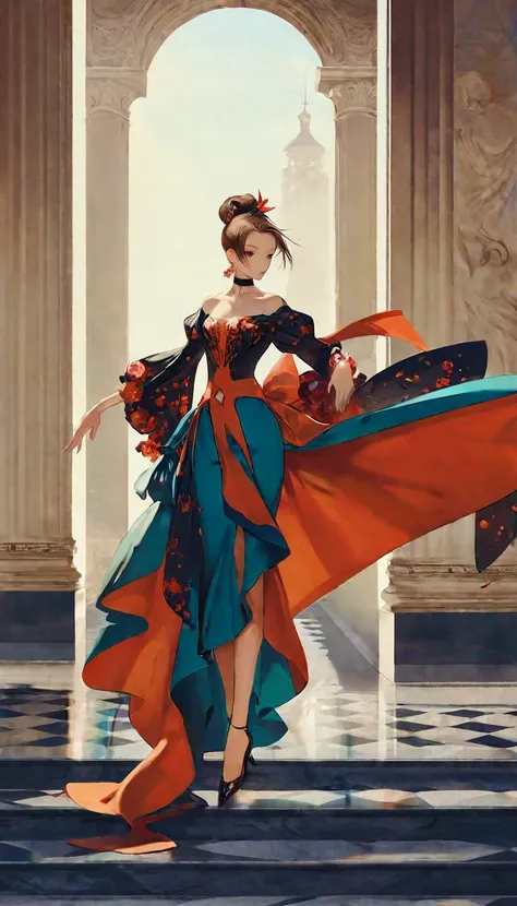 Professional fashion photography, innovative fashion design, aesthetic value, hyper-realistic textures, cinematic composition, (Full-body portrait), best quality, high quality, masterpiece, 8K, UHD, extremely detailed,
break
a beautiful women, solo, super model, perfect, statuesque, elegant pose,
break
romantic floral midi dress with a square neckline, short puff sleeves, and a cinched waist, (designed by Gustave Moreau and Ralph Lauren and Yoshikazu Yasuhiko),
break
advanced lighting techniques, high dynamic range, vivid and accurate colors, harmonious color scheme, meticulously detailed, visually stunning, emotionally engaging, modern art influences, contemporary art,
break
simple background, sharp focus, depth of field, taken by Joel Meyerowitz,