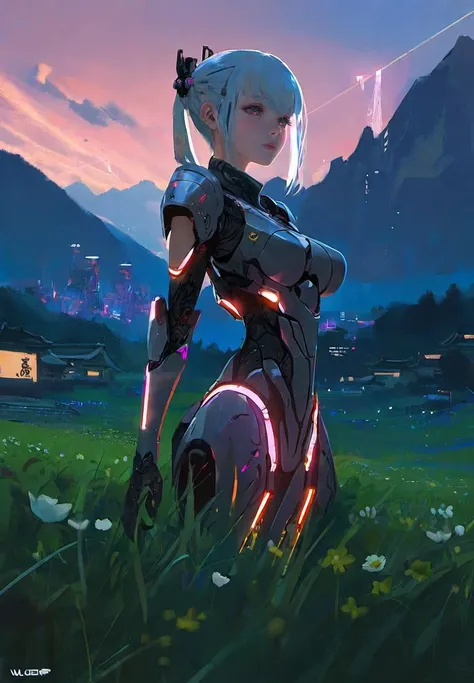 (extreme level of detail:1.2), intricate,masterpiece,best quality,ultra detailed,(waifu:1.3),[by wlop | by fuenze],[adult:teenage:0.5], [Extremely sexy:Extremely elegant:0.5] girl with teenage body in [grass field:flowers field:0.5], [Rusian Cyberpunk:Japaneese Fantasy:0.5], [Fantasy mountains:Cyberpunk city:0.5] background,  [Russian cyberprothesis:Japaneese magic prothesis:0.5], starry night sky with magic traces