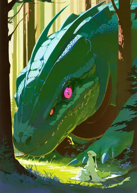 by yoneyama mai by krenz
by syd mead, moebius,
a giant monster in the woods
filigree hair, big reptile eyes, fractal skin