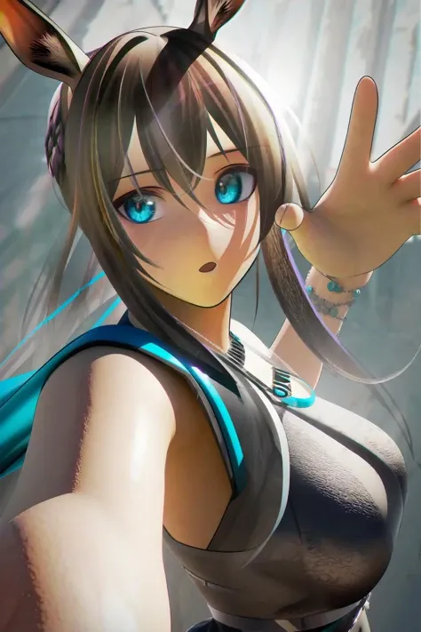 (by 7thknights:1.2), 1girl, amiya \(arknights\), arknights, dirty face, outstretched hand, close-up, cinematic angle, foreshortening, dark, dark background, masterpiece, best quality