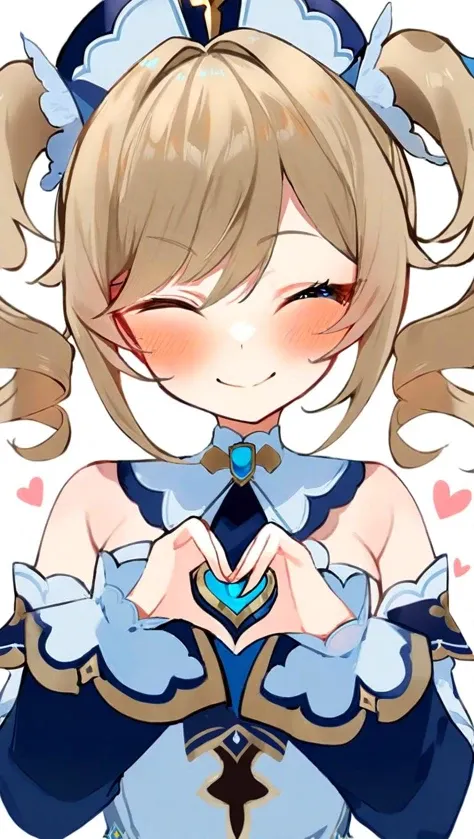 <lora:genshin_all:1>,barbara \(genshin impact\), barbara \(genshin impact\), 1girl, one eye closed, solo, heart hands, smile, white background, simple background, hat, upper body, long sleeves, white dress, looking at viewer, closed mouth, ;\), detached sleeves, blush, twin drills, bare shoulders, white headwear, cropped torso