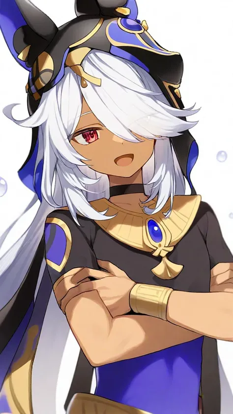 <lora:genshin_all:1>,cyno \(genshin impact\), 1boy, male focus, long hair, dark-skinned male, white hair, red eyes, arabian clothes, black choker, bubble, solo, animal hat, hair over one eye, white background, simple background, bangs, black headwear, open mouth, egyptian clothes, animal ears, short sleeves, crossed arms, eyes visible through hair, swept bangs