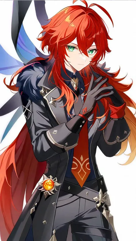 <lora:genshin_all:1>,diluc \(genshin impact\), 1boy, male focus, solo, vision \(genshin impact\), simple background, black gloves, white background, closed mouth, long sleeves, black pants, looking at viewer, shirt, fur trim, adjusting gloves, necktie, black jacket, antenna hair, black coat, two-tone gloves, belt