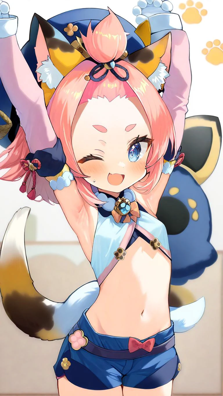 <lora:genshin_all:1>,diona \(genshin impact\), 1girl, one eye closed, solo, paw print, hat, detached sleeves, navel, armpits, white gloves, open mouth, looking at viewer, blush, arms up, blue shorts, stretching, ;o, tail ribbon, shirt, blue eyes, bag